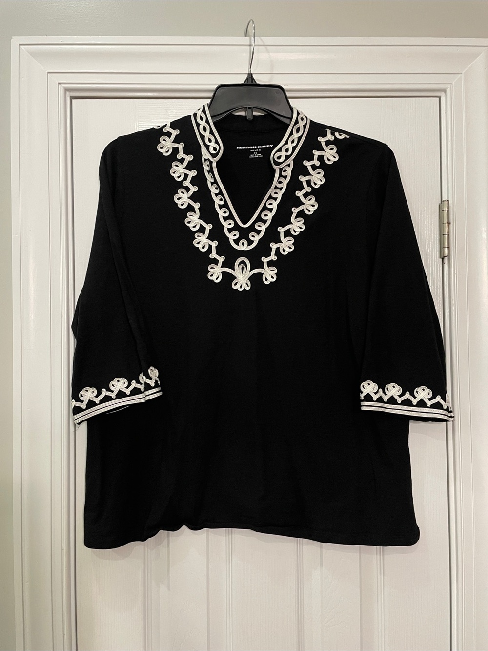Allison Daley Black with White Loop Trim V-Neck Blouse